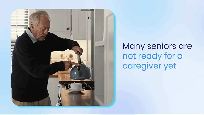 A preview image for the Sensi Solo Care video shows a senior male in his kitchen at home