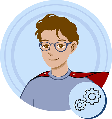 A visual representation of the Olly Ops Agent, a male figure with brown hair and glasses, wearing a red, superhero style cape